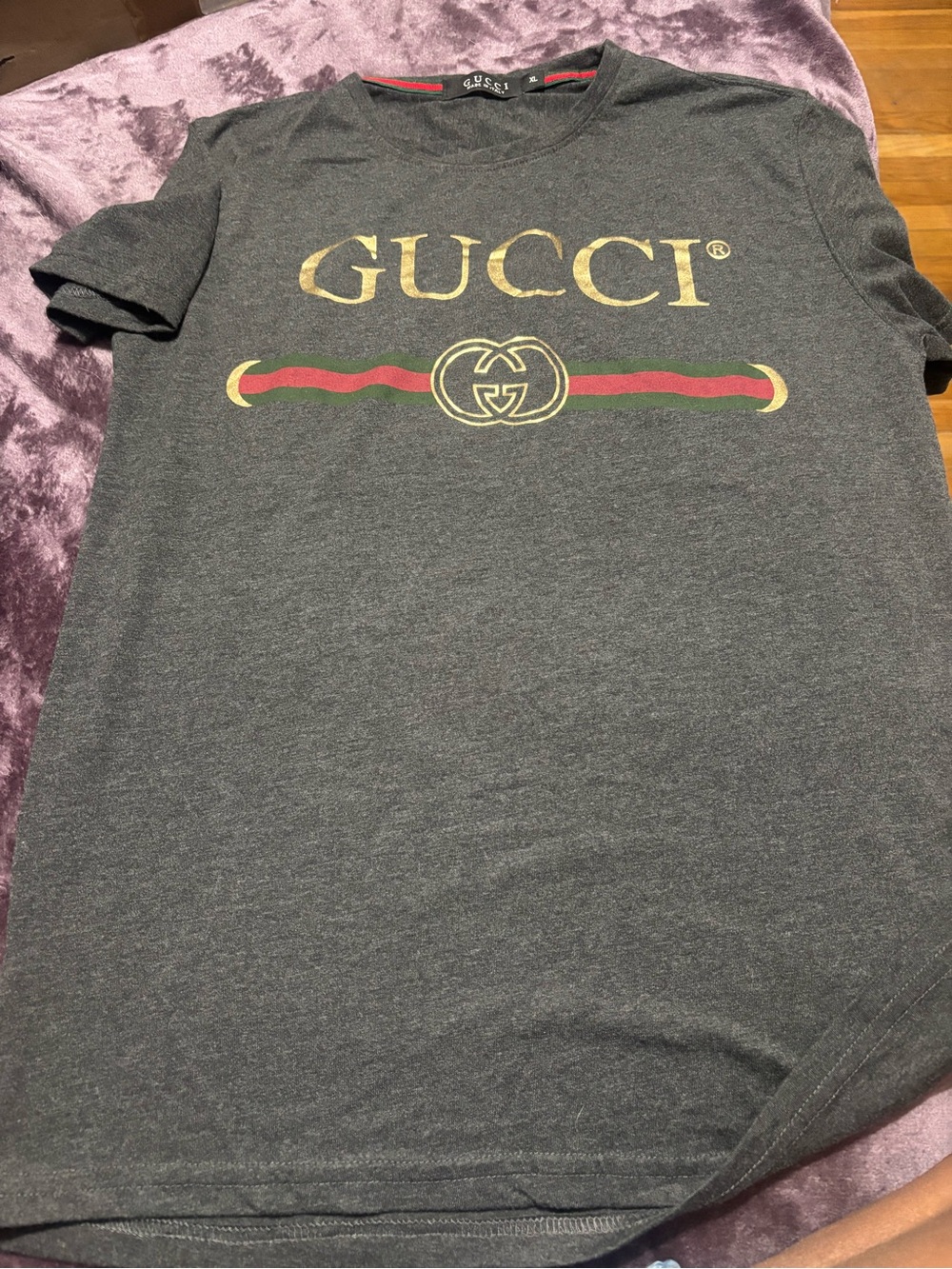 Gucci Charcoal Gray Logo Crewneck Tee with Red and Green Stripe
